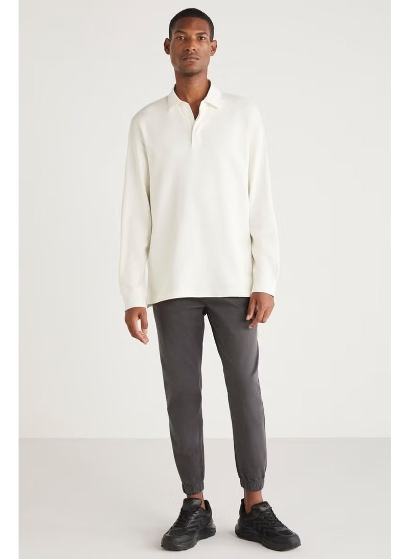 GRIMELANGE JOHN Men's Polo Sweat Shirt Collar Long Back Slit Diagonal Fabric Vanilla Sweatshirt - Image 2